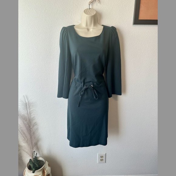 Massimo Dutti NWT S Forest Green Knee Length Dress 3/4 Sleeve Tie Waist Modest‎ - Picture 1 of 10